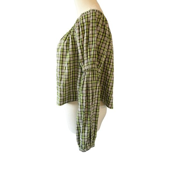 Topshop Green Plaid Off Shoulder Peasant Blouse Long Sleeve Women's US 6 NWT - Picture 5 of 6